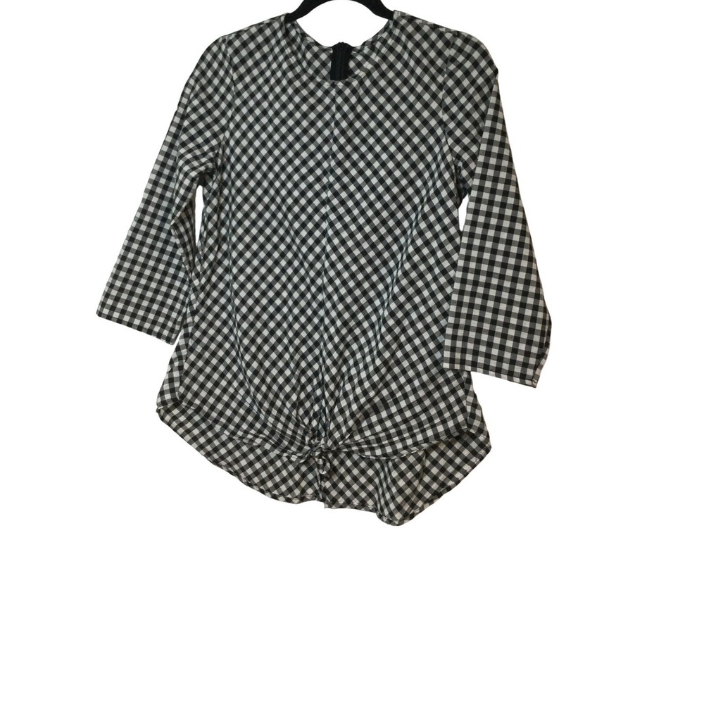 Tie-Front Top 3/4 Sleeve Black White Checkered Blouse‎ Size  L